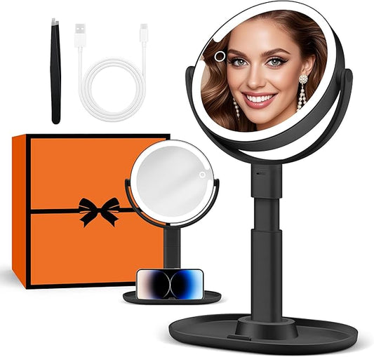 B Beauty Planet Makeup Mirror with Lights, Lighted Magnifying Mirror 20X with 3 Lighting and Adjustable Brightness, 2-Sided Height Adjustable Vanity Mirror for Bathroom, Gifts for Women Black