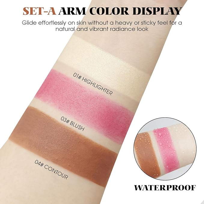 3Pcs Cream Contour Kit - Cream Blush, Highlighter, Contour Bronzer for Cheeks, Waterproof Long Lasting Blendable, Contour Stick Trio for Face Makeup (#01, 03, 04)