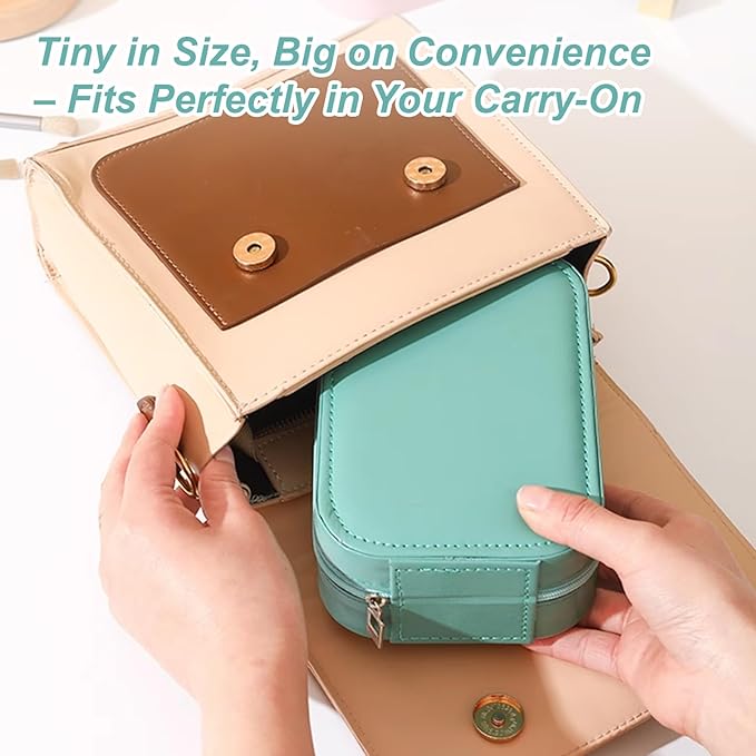 Small Travel LED Makeup Mirror Case with 3 Adjustable Color Light Settings, Dust-Proof Jewelry Box, Mini Cosmetic Train Case Ideal for Short Trips (Green)