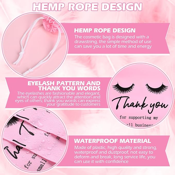 Abbylike 100 Pcs Eyelash Aftercare Lash Bags for Clients Eye Lash Print Drawstring Makeup Bag Empty Beauty Gift Cosmetic Sample Pouch for Women Small Business Supplies, 4 x 6 in(Pink)