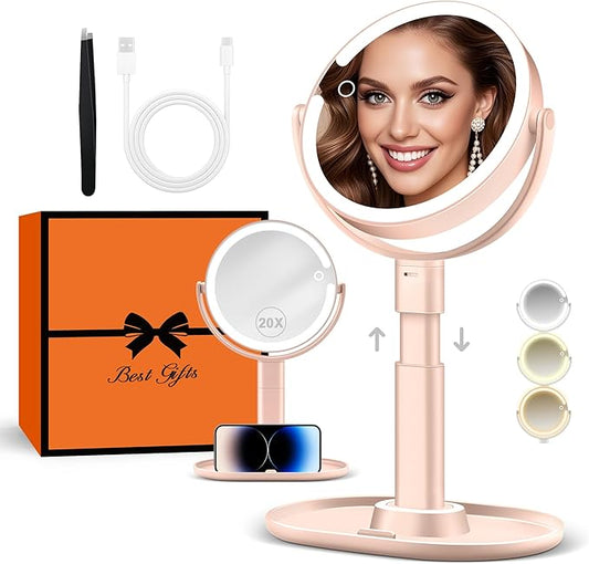 B Beauty Planet Makeup Mirror with Lights, Lighted Magnifying Mirror 20X with 3 Lighting and Adjustable Brightness, 2-Sided Height Adjustable Vanity Mirror for Bathroom, Gifts for Women Pink
