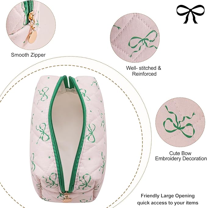 Gleyemor Small Quilted Makeup Bag for Women, Cute Floral Bow Cosmetic Bag, Emergency Bag Travel Toiletry Cotton Pouch Gifts for Girls Her Mom Friend Sister Bridesmaid (Pink&Green Bow)