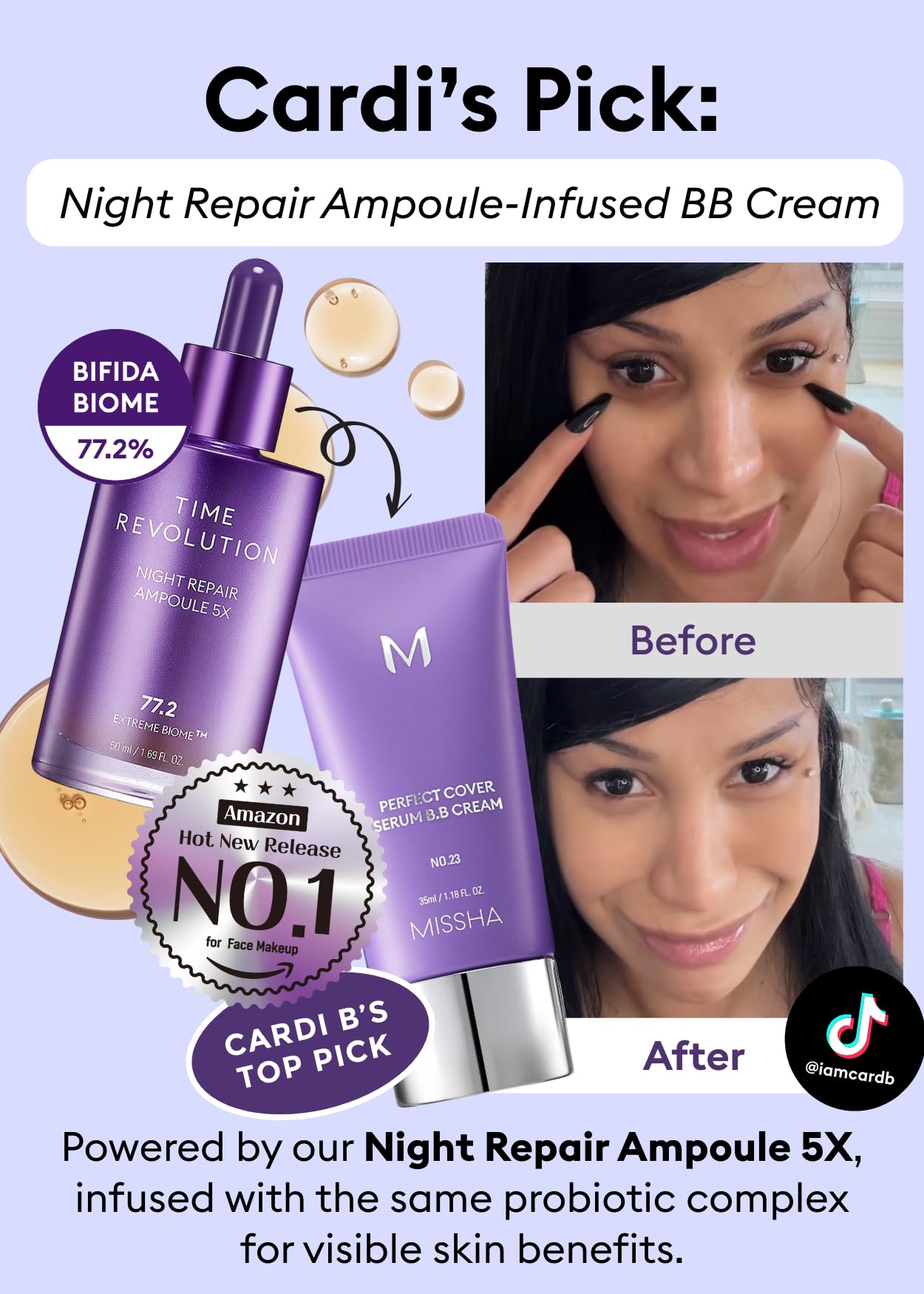 MISSHA Time Revolution Night Repair Face Serum Ampoule (5th Gen) - Overnight Probiotic Skincare for Revitalization and Radiance, 1.69 Fl Oz