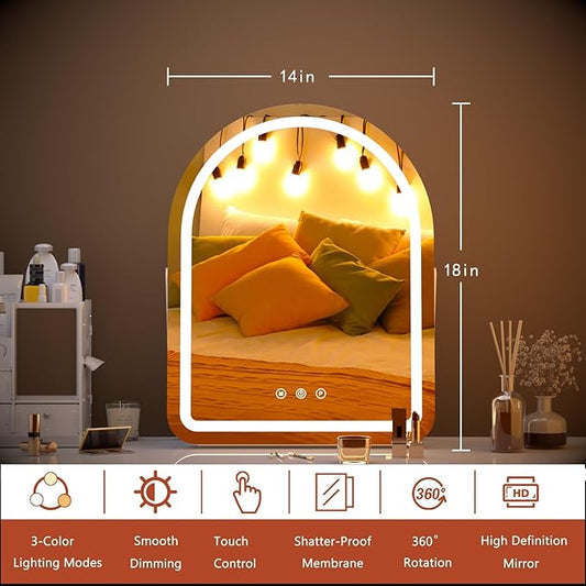 Makeup Mirror with Lights, 14" x 18" Vanity Mirror, 3 Color Modes, Dimmable Light, 360 Rotation