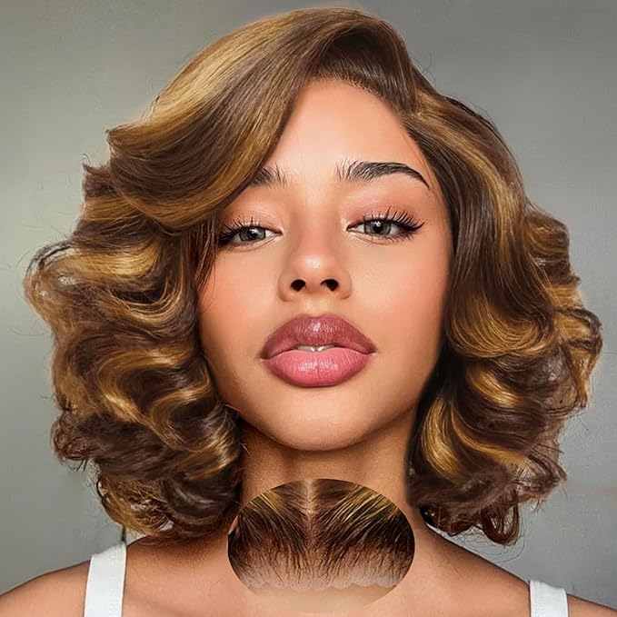 Ombre Lace Front Wig Human Hair Body Wave 9x6 Glueless Wigs Human Hair Pre Plucked Pre Cut 180% Density Wear and Go Highlight Wig Human Hair Bob 4/27 Brown Blonde Short Wigs For Women 10 Inch