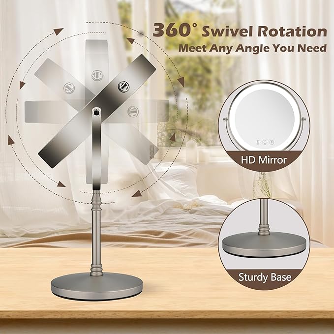 9" Large Makeup Mirror with Lights, 1X/10X Magnifying Vanity Mirror with 3 Colors Dimmable Lightning, 80 LED Lights, 360°Rotation Double Sided Standing Lighted Makeup Mirror Nickel