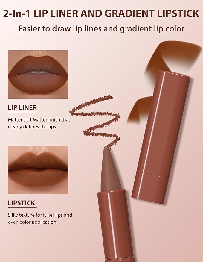 2-in-1 Lip Liner and Lipstick Lip Combo Set, Matte Nude Dark Brown Red Lip Liners, High Pigmented Long Lasting Waterproof Smudge Proof Crayon Makeup 04#