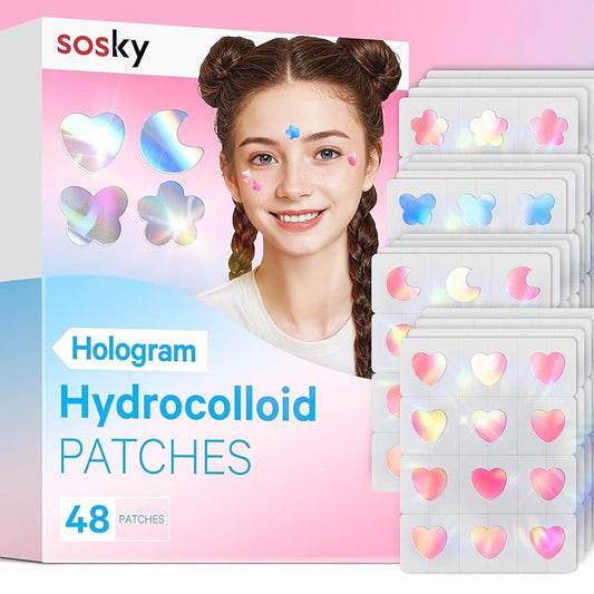 Sosky Hologram Pimple Patches for Face, Hydrocolloid Acne Patches with Salicylic Acid, Cute Star Zit Stickers,Colorful Blemish Covers,48 Count Blue Pink Heart Moon Butterfly Flower