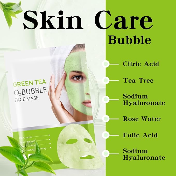 10 Pack Green Tea O2 Bubble Face Masks Sheet, Bubble Facial Mask, Foaming Face Mask, Purifying Facial Mask for Acne and Pores, Moisturizing Spa Face Masks Skincare, Brightening Beauty Masks