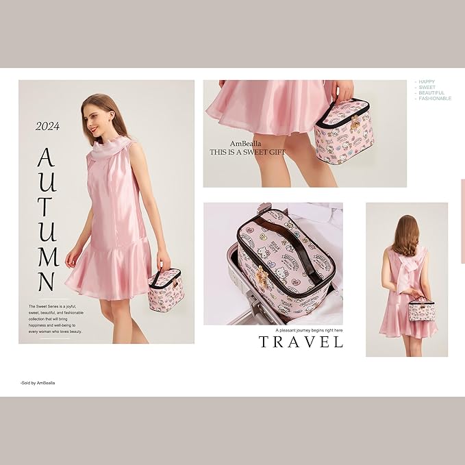 AmBealla Cosmetic Bag Large Makeup Bag Pink Makeup Travel Case with Brush Holder, Canvas Organizer for Women, Toiletry Bag for Skincare & Beauty Tools Sweet Cute for Girls