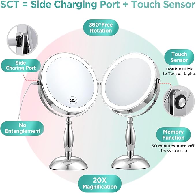 Makeup Mirror with Lights, 20X Magnifying Mirror with Light and STC- Side Charging & Side Touch Switch, Vanity Mirror with 3 Color Light and 2-Side 360° Rotation Double Sided Standing Desk Mirror