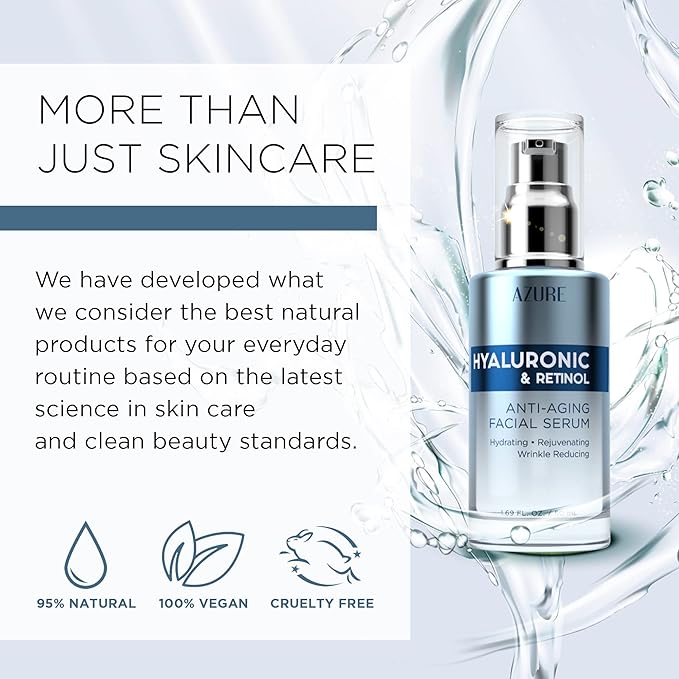 Azure Dermatologist Tested Hyaluronic & Retinol Face Serum - K Beauty Anti-Aging Formula for Dark Spots & Wrinkle Care - Korean Skincare, Moisturizing Complex for Glowing Skin - 1.69 fl oz