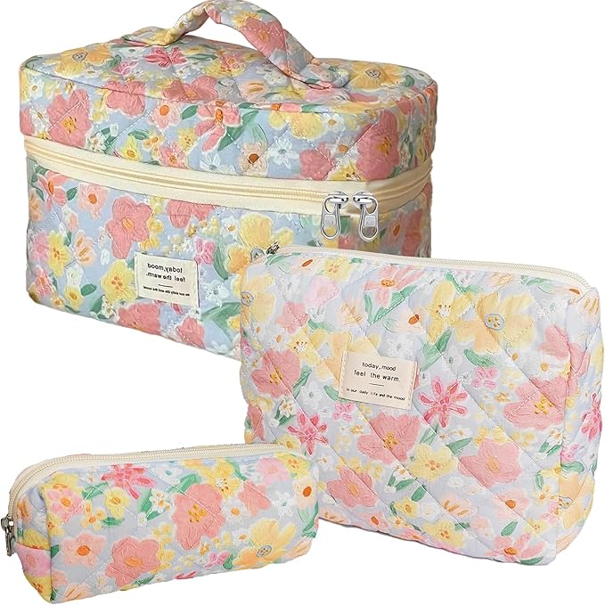 3 Piece Floral Oil Painting Print Cotton Quilted Makeup Bag Set, Large Capacity Travel Makeup Bags for Women and Girls, Includes Small, Medium, and Extra Large aesthetic makeup&Cosmetic Bags
