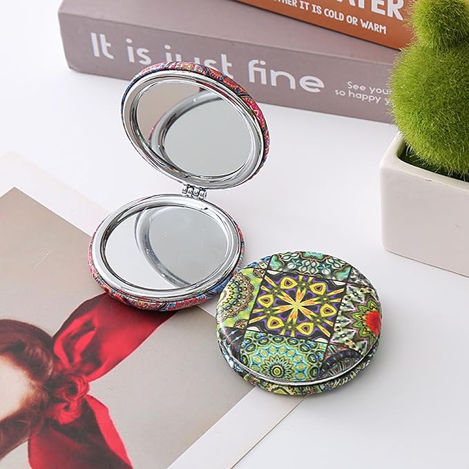 6 PCS Mixed-Color Bohemian Folding Makeup Mirror Portable Round Bread Mirror Thick Double Sided Pu Pocket Mirror