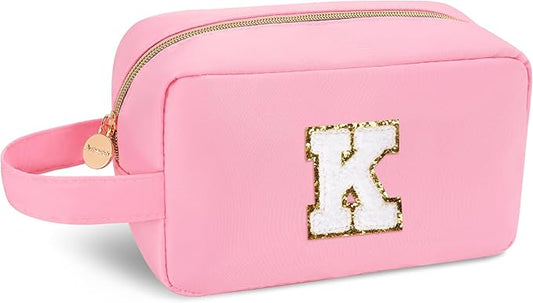Aveniee Initial Monogram Makeup Bag,Personalized Travel Makeup Bag Pouch Organizer With Handle,Preppy Cosmetic Bag,Christmas Birthday Gifts for Teen Girls Sister Teacher-Pink K