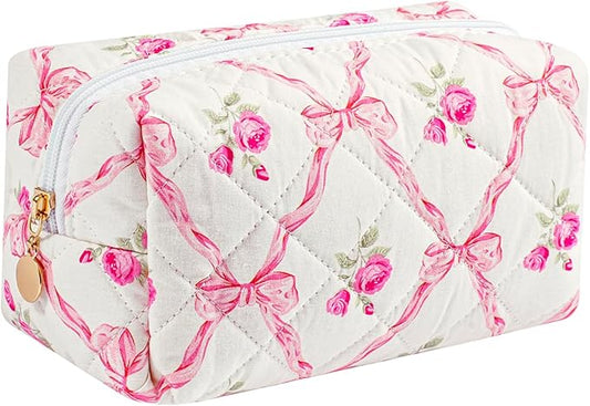 Gleyemor Small Quilted Makeup Bag for Women, Cute Floral Bow Cosmetic Bag, Emergency Bag Travel Toiletry Cotton Pouch Gifts for Girls Her Mom Friend Sister Bridesmaid (Pink Bowknot&Rose)