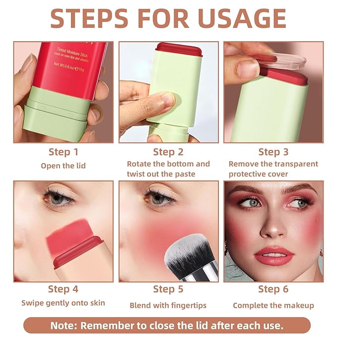 Cream Blush Stick for Cheeks, Eyes & Lips, Multi-Use Tinted Moisturizer, Natural Glow Blendable Blusher with Brush - Hot Red