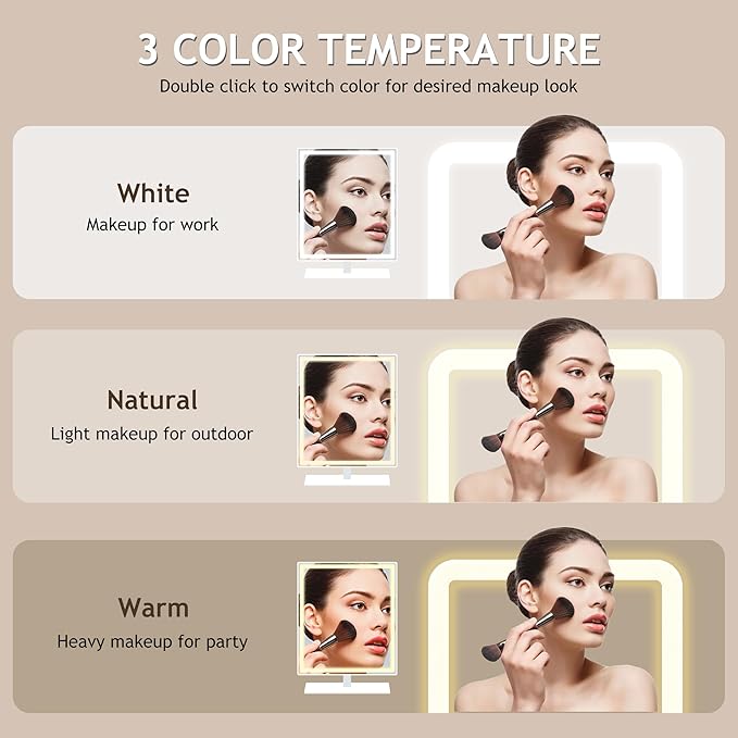 Makeup Mirror with Light 10" x 14",Vanity Mirrors,Lighted Makeup Mirror Tabletop,for Vanity Desk Tabletop, Bedroom，3 Colors Dimmable,120° Rotation.