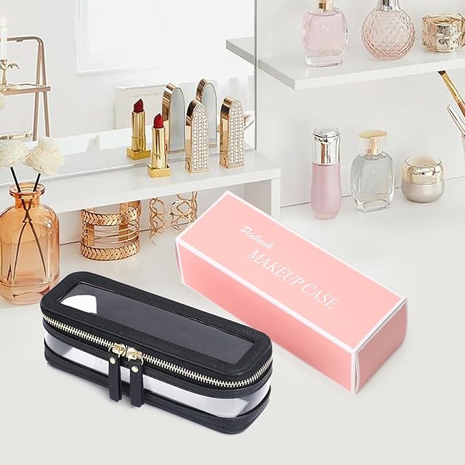 Makeup Brush Case Clear Travel Cosmetic & Toiletry Bag Slim Makeup Bag with Zipper Small Purse Organizer Car Essential Bag for Women (Black, SLIM-1)