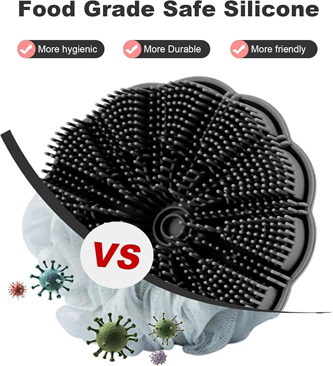 Silicone Body Scrubber Shower Brush, Exfoliating Body Wash Scrubbers for All Skin Types, Ergonomic No-Slip Handle, Body Brush for Showering (Black)