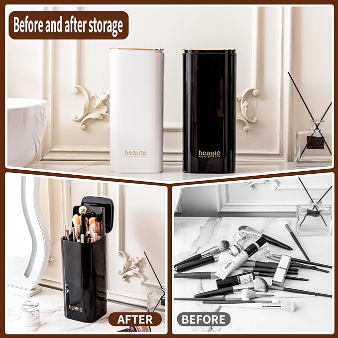Makeup Brush Holder with Lid Cosmetic Tools Organizer（Black）