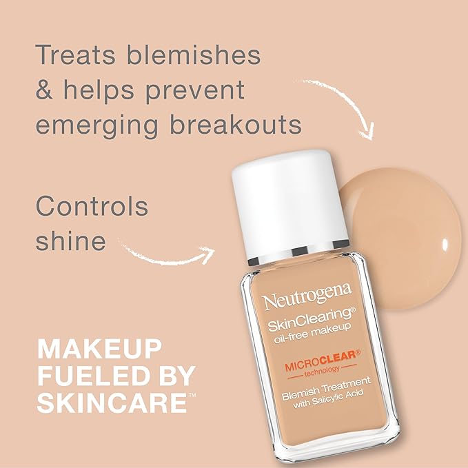 Neutrogena SkinClearing Oil-Free Acne and Blemish Fighting Liquid Foundation with.5% Salicylic Acid Acne Medicine, Shine Controlling Makeup for Acne Prone Skin, 10 Classic Ivory, 1 fl. oz