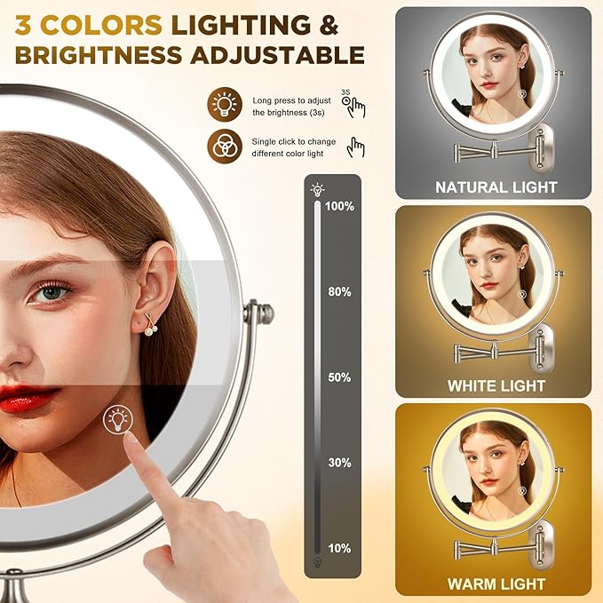 Magnifying Mirror with Lights 1x/15x: 8.5" Double Sided Wall Mounted Lighted Makeup Mirror for Bathroom, 3 Color Lights & 360°Swivel Vanity Mirror, Brushed Nickel