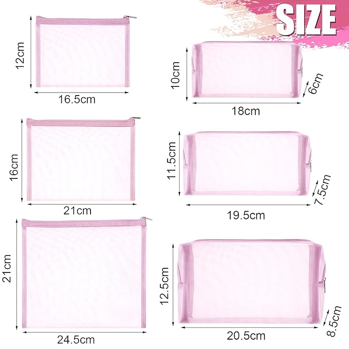 6 Pieces Mesh Makeup Bags Mesh Cosmetic Bag Portable Travel Organizing Zipper Pouch Toiletries Makeup Pouches for Home Office Travel Accessories (Light Pink)