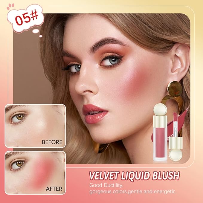 Liquid Blush, Matte Liquid Cream Makeup Dual Use for Cheeks and Lips, Long-Lasting, Smudge Proof, Moisturizing Face Blush Stick for Cheek, Pink Lip gloss for Girl