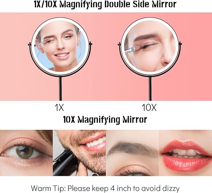 8” Lighted Makeup Mirror, 1X 10X Magnifying Mirror with Light, Double Sided Vanity Mirror with Lights, 3 Color LED Dimmable 2000mAh Rechargeable Black
