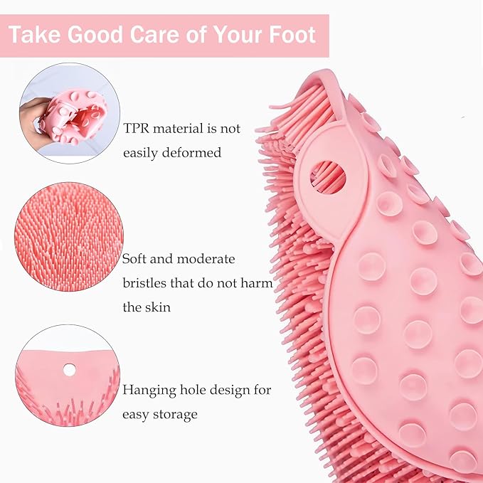 Shower Foot and Back Scrubber Mat,Wall Mounted Shower Foot Scrubber with Suction Cups,Exfoliating Silicone Massage Foot Cleaner for Shower(Pink)