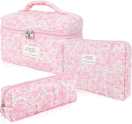 3Pcs Cotton Quilted Makeup Bag Set,Large Floral Cosmetic Bag，Aesthetic Toiletry Travel Makeup Bag Set and Cute Flower Bag for Women Girls (Pink Flower)