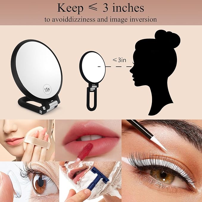 1X/15X Magnifying Folding Makeup Mirror, Black Double Side Handheld Mirror, Tabletop Vanity Mirror with Stand for Precision Makeup