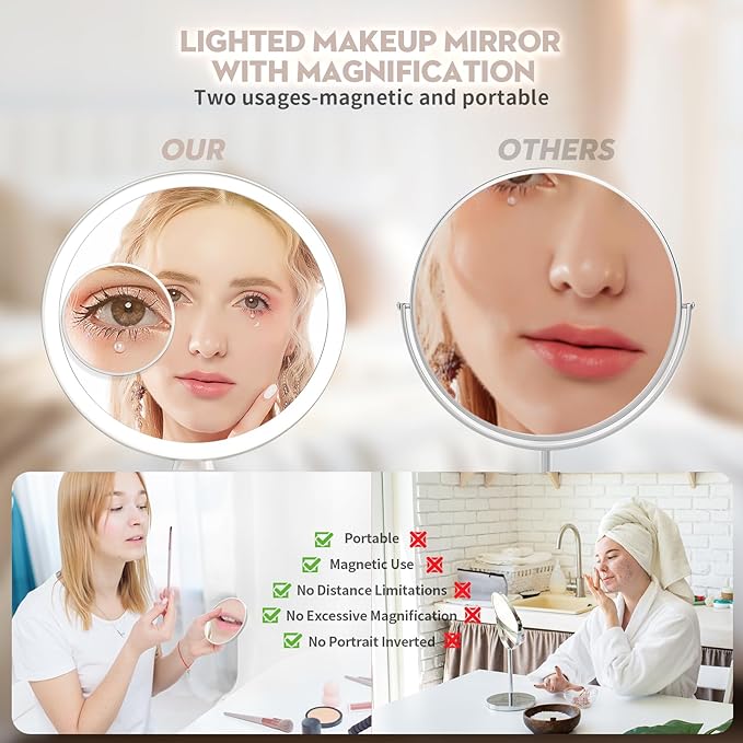 10 Inch Lighted Makeup Mirror with 7X Magnification,3 Colors & 10 Brightness Levels, Magnifying Makeup Mirrors with 5000mAh Battery, Anti-Glare,Gift Box (White)