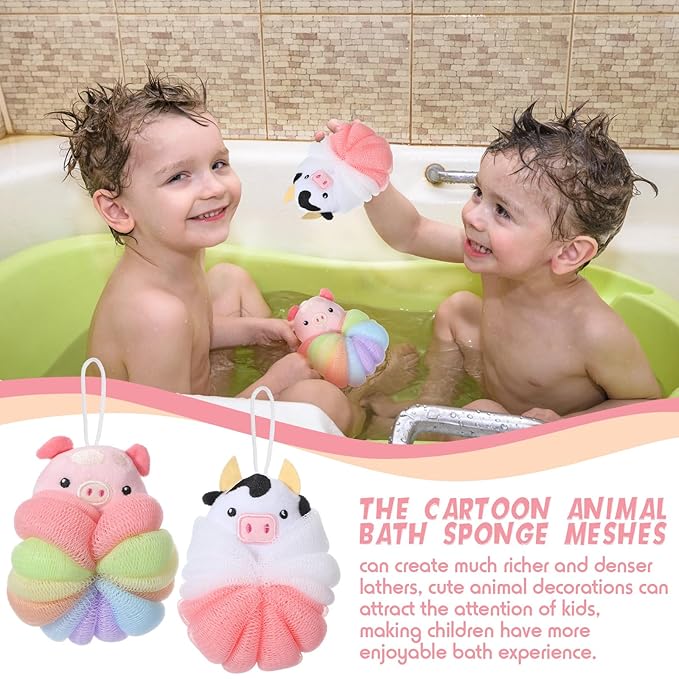 Nuenen 2 Pcs Bath Loofahs Kids Toddler Cute Cartoon Bath Sponges Loofah Pouf Body Scrubber Mesh Sponges for Children Shower Washing Exfoliating(Calf, Pig)