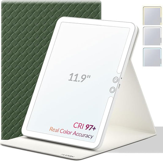 Travel Makeup Mirror with Lights, Portable Lighted Vanity Mirror with 100 LED, Rechargeable, Foldable for Tabletop, 11.9 inches, Green