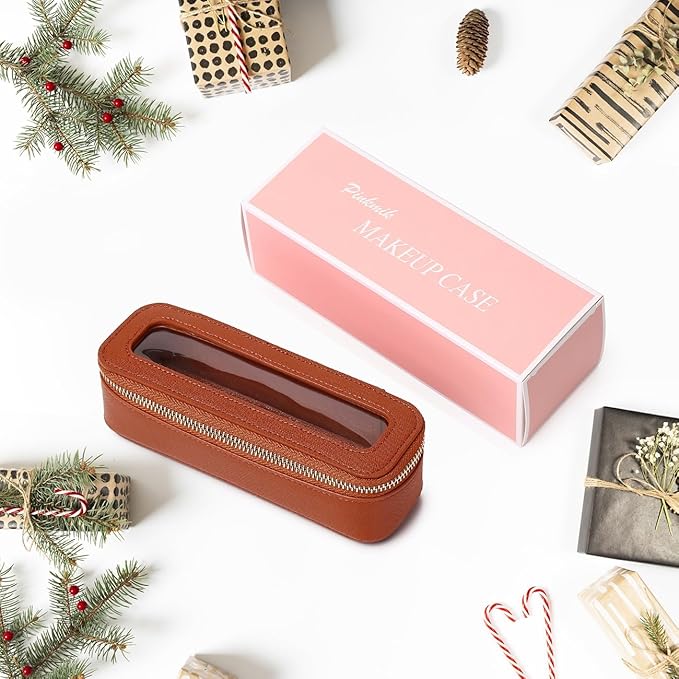 Makeup Brush Case Clear Travel Cosmetic & Toiletry Bag Slim Makeup Bag with Zipper Small Purse Organizer Car Essential Bag for Women (X/Brown, SLIM-3)