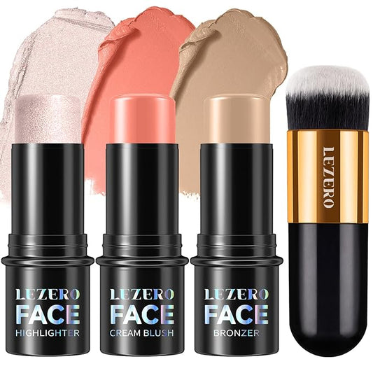 Lezero 3Pcs Cream Contour Stick Makeup Kit, Shades with Highlighter, Blush and Bronzer Trio for Sculpt the Cheeks and Body, Long Lasting, Waterproof, Matte & Dewy Finish,#1 FAIR (07,10,13)