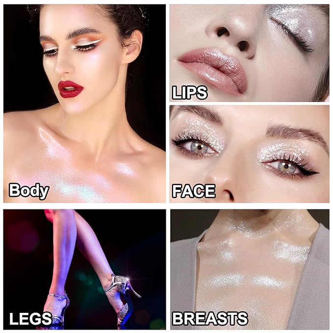 Body Glow Shimmer Oil 100ml, Moisturizing Long Lasting Face Brightener, Waterproof Liquid Illuminator, Highlighter for Summer Tanning (#01 Silver)