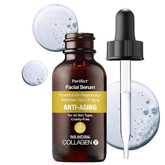 MADE IN USA 96% NATURAL COLLAGEN Facial Serum for Ultra Firming Lifting Anti Aging Plumping Skin with Ceramide Vitamin E 30ml 1fl oz - PURIFECT by Symphonty Beauty - Non Irritaging Formula (Collagen)