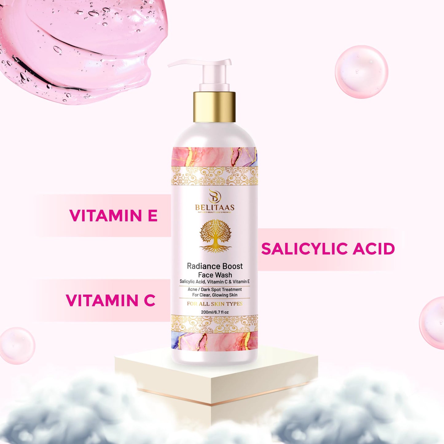 Belitaas Vitamin C Face Wash 6.76 fl oz (200ml) | 2% Salicylic Acid & 5% Aloe Vera | Deep Cleansing & Acne Control | SLS-Free, Plant-Based Formula, with Honey & Vitamin E | For All Skin Types, Vegan