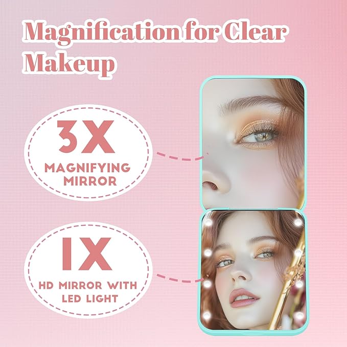 ALLROSE Compact Mirror, 1X/3X Magnifying Travel Mirror with Light Small Makeup Mirror for Purse, Pocket, Mini LED Portable Handheld Mirror Travel Essentials Gifts for Women Girls, Cyan