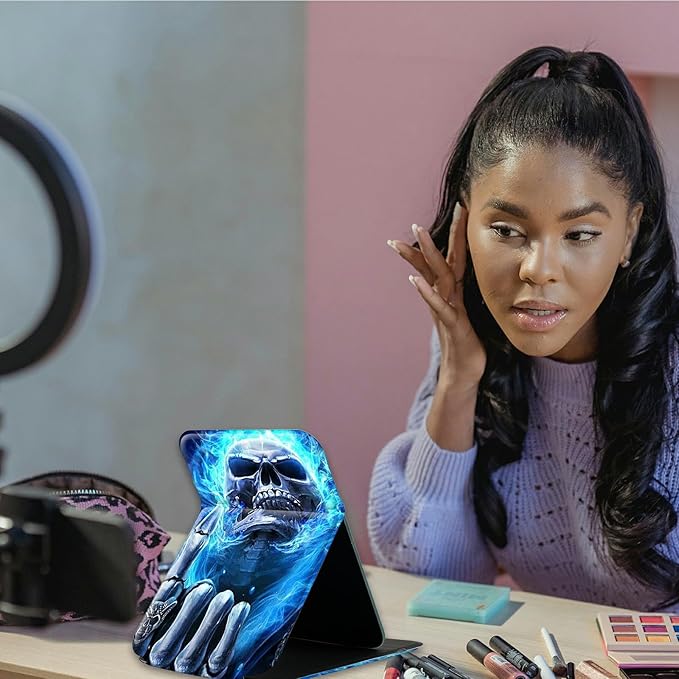 Blue Flame Skull Fingers Small Folding Travel Mirror Vanity Mirror 4.3"x2.75" PU Leather Portable Adjustable Rectangular Ultrathin Makeup Mirror,for Travel, Camping,Home