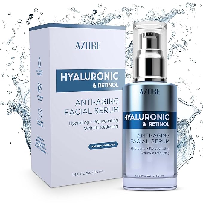 Azure Dermatologist Tested Hyaluronic & Retinol Face Serum - K Beauty Anti-Aging Formula for Dark Spots & Wrinkle Care - Korean Skincare, Moisturizing Complex for Glowing Skin - 1.69 fl oz