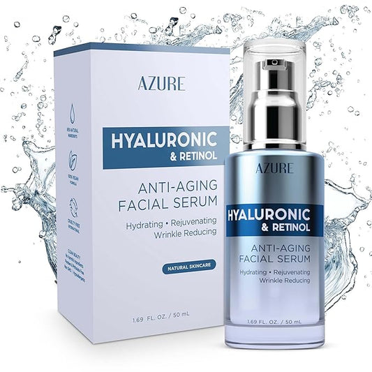 Azure Dermatologist Tested Hyaluronic & Retinol Face Serum - K Beauty Anti-Aging Formula for Dark Spots & Wrinkle Care - Korean Skincare, Moisturizing Complex for Glowing Skin - 1.69 fl oz