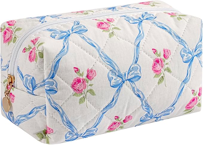 Gleyemor Small Quilted Makeup Bag for Women, Cute Floral Bow Cosmetic Bag, Emergency Bag Travel Toiletry Cotton Pouch Gifts for Girls Her Mom Friend Sister Bridesmaid (Blue Bowknot&Rose)