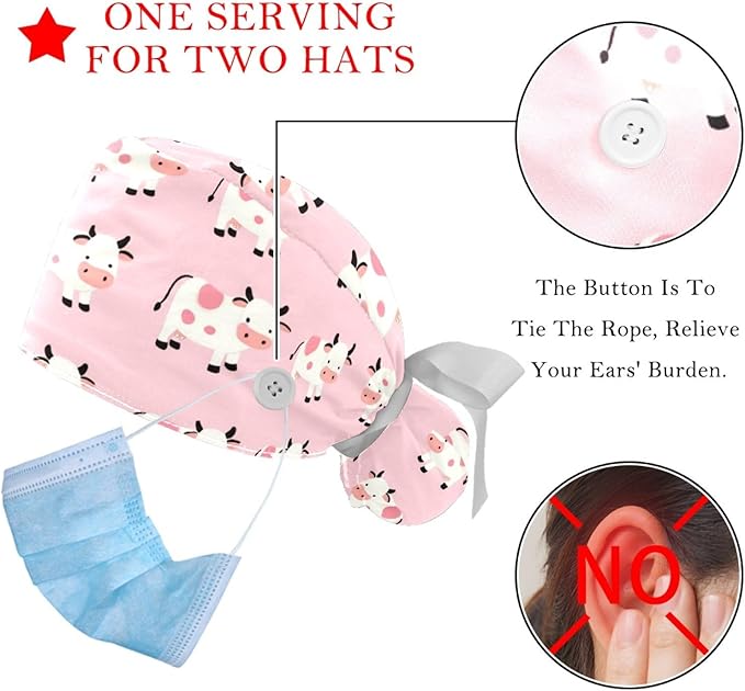 2 PCS Bouffant Cap with Button Ponytail Pouch Working Cap Sweatband Adjustable Surgical Cap Black and White Cow