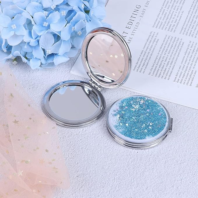 AKOAK 1 Pack Compact Mirror, Portable Quicksand Pocket Travel Makeup Mirror, Folding Hand-held Double Sided 1x/2x Magnifying Glass, Great Gift for Women and Girls(Blue)