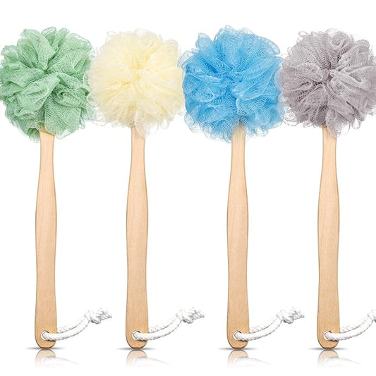 4 Pieces Loofah Back Scrubber Bath Sponge with Wooden Handle Long Handle Sponge Mesh on a Stick for Shower Exfoliating Bath Body Brush Luffa Back Brush for Women Men