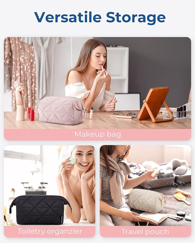 BAGSMART Makeup Bag Travel Makeup Bag, Cute Puffy Make Up Bag, Wide-open Cosmetic Bags for Women, Small Makeup Pouch for Travel Essentials Toiletries Accessories (Black)